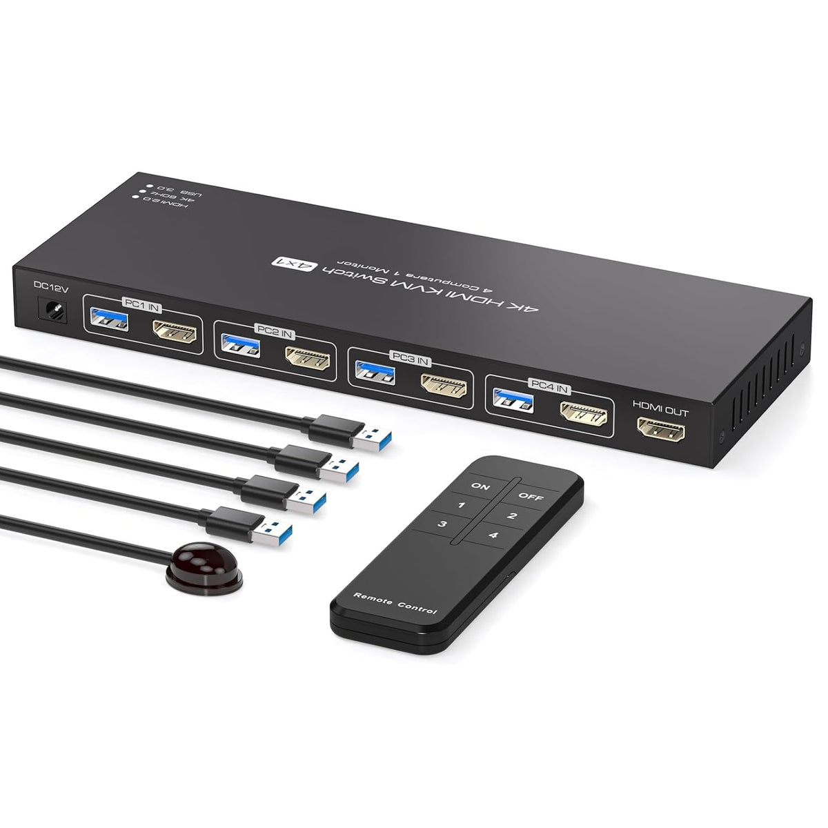 NÖRDIC HDMI 2.0 KVM-switch 4 til 1 EDID 4K60Hz, 4xUSB 3.0, 4 computere til 1 skærm + 4xUSB 3.0-enheder, fjernbetjening