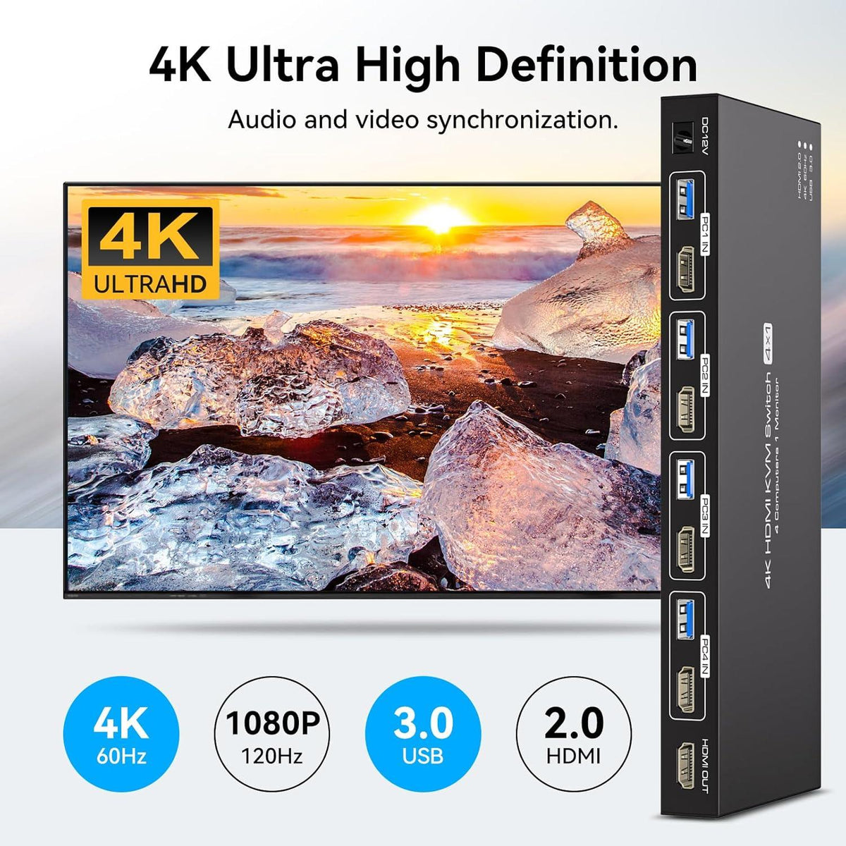 NÖRDIC HDMI 2.0 KVM-switch 4 til 1 EDID 4K60Hz, 4xUSB 3.0, 4 computere til 1 skærm + 4xUSB 3.0-enheder, fjernbetjening