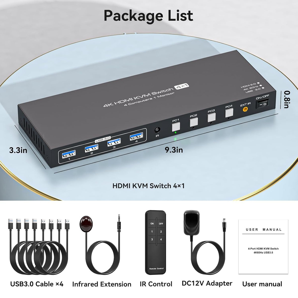 NÖRDIC HDMI 2.0 KVM-switch 4 til 1 EDID 4K60Hz, 4xUSB 3.0, 4 computere til 1 skærm + 4xUSB 3.0-enheder, fjernbetjening