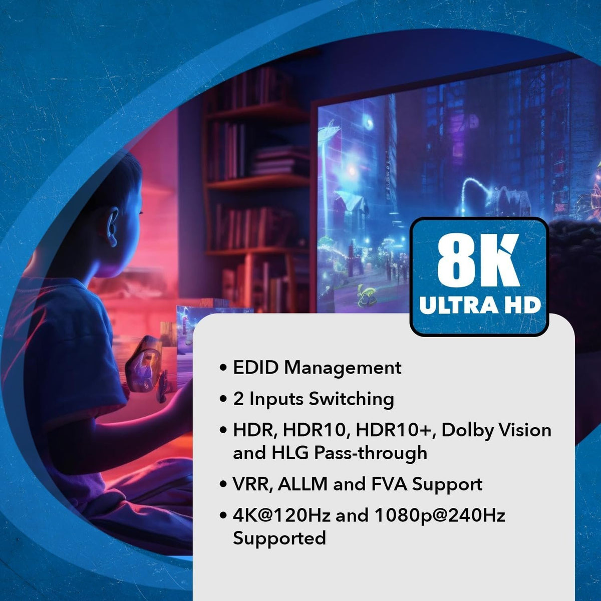 NÖRDIC HDMI Splitter 2 ind 2 ud, 8K@60Hz/4K@120Hz, 40Gbps, Dolby Vision Pass-Through, HDCP 2.3, automatisk EDID-håndtering