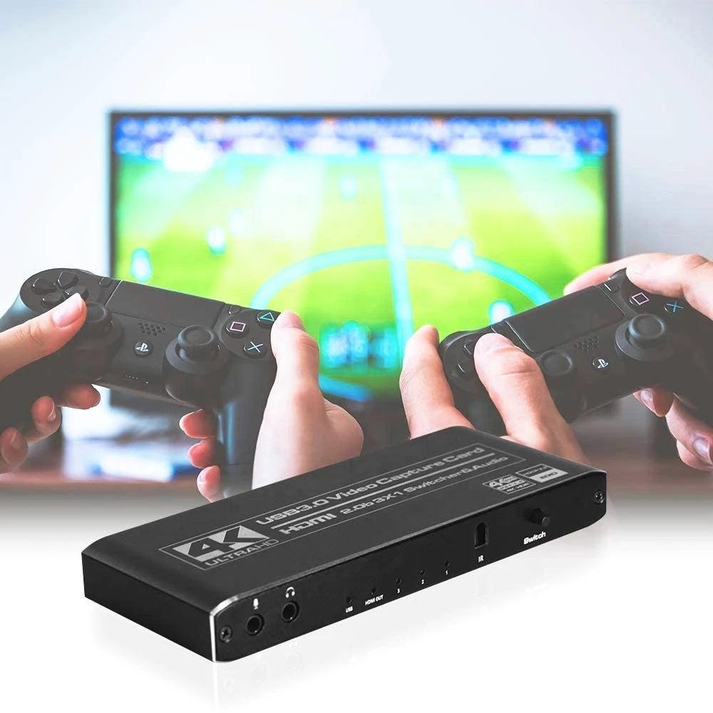 NÖRDIC HDMI Switch 3 til 1 med Video Capture Card HDMI2.0 4K60Hz USB3.1 Mikrofon og lydudgang HDMI Signal Loop Out HDR HDCP2.2 EDID RGB8: 8: 8