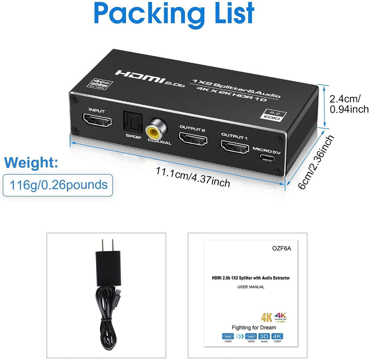 NÖRDIC HDMI splitter 1 til 2 med Audio Extractor 4K60Hz HDCP2.3 HDR10 Toslink SPDIF + Koaksial + 3,5 mm lyd
