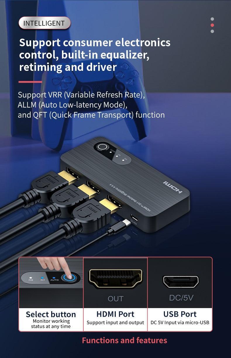 NÖRDIC HDMI 2.1 switch 2 til 1 8K60Hz 4K120Hz 48Gbps HDR HDCP2.3 Surround 7.1 CEC