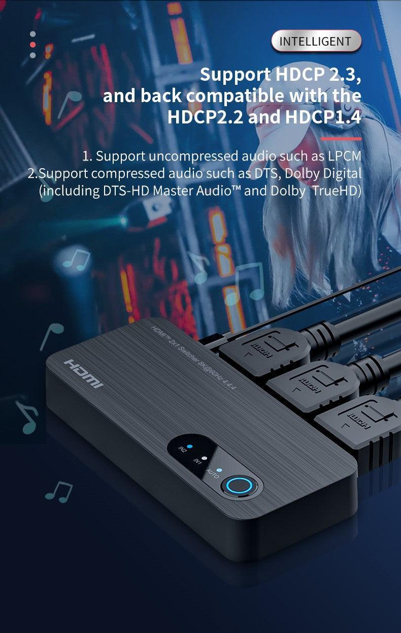 NÖRDIC HDMI 2.1 switch 2 til 1 8K60Hz 4K120Hz 48Gbps HDR HDCP2.3 Surround 7.1 CEC