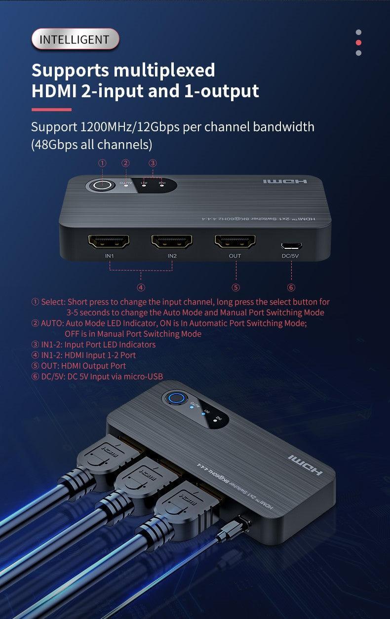 NÖRDIC HDMI 2.1 switch 2 til 1 8K60Hz 4K120Hz 48Gbps HDR HDCP2.3 Surround 7.1 CEC