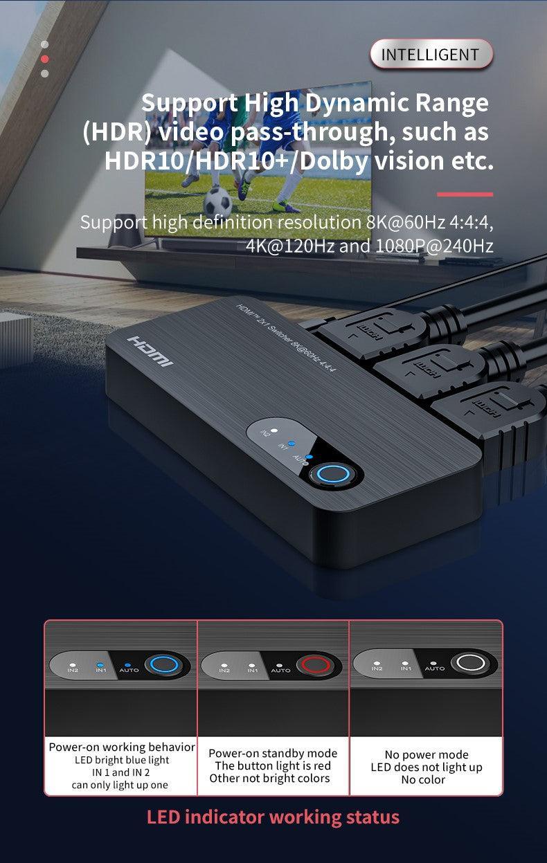 NÖRDIC HDMI 2.1 switch 2 til 1 8K60Hz 4K120Hz 48Gbps HDR HDCP2.3 Surround 7.1 CEC