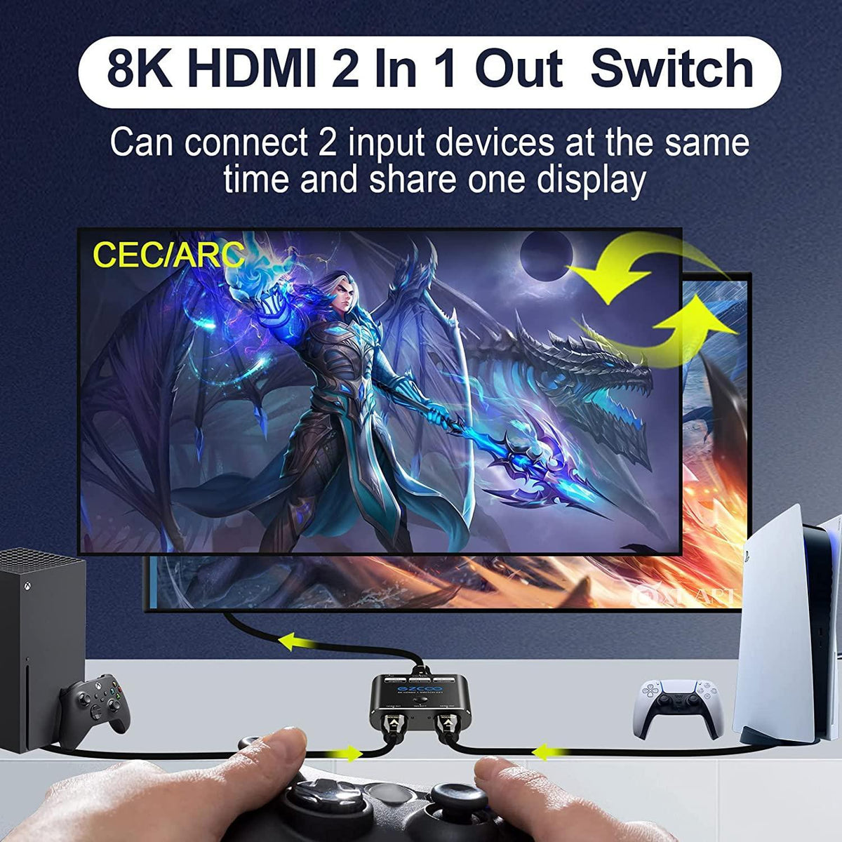 NÖRDIC HDMI 2.1 switch 2 til 1 8K60Hz 4K120Hz 48Gbps HDR HDCP2.3 Surround 7.1 CEC