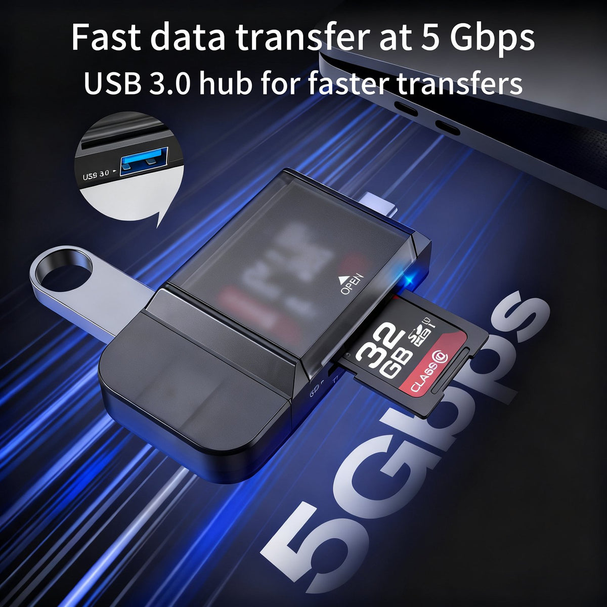 NÖRDIC USB-A, USB-C Kortlæser 2 Slot SD, Micro SD og USB-A 3.0 OTG med kortopbevaring