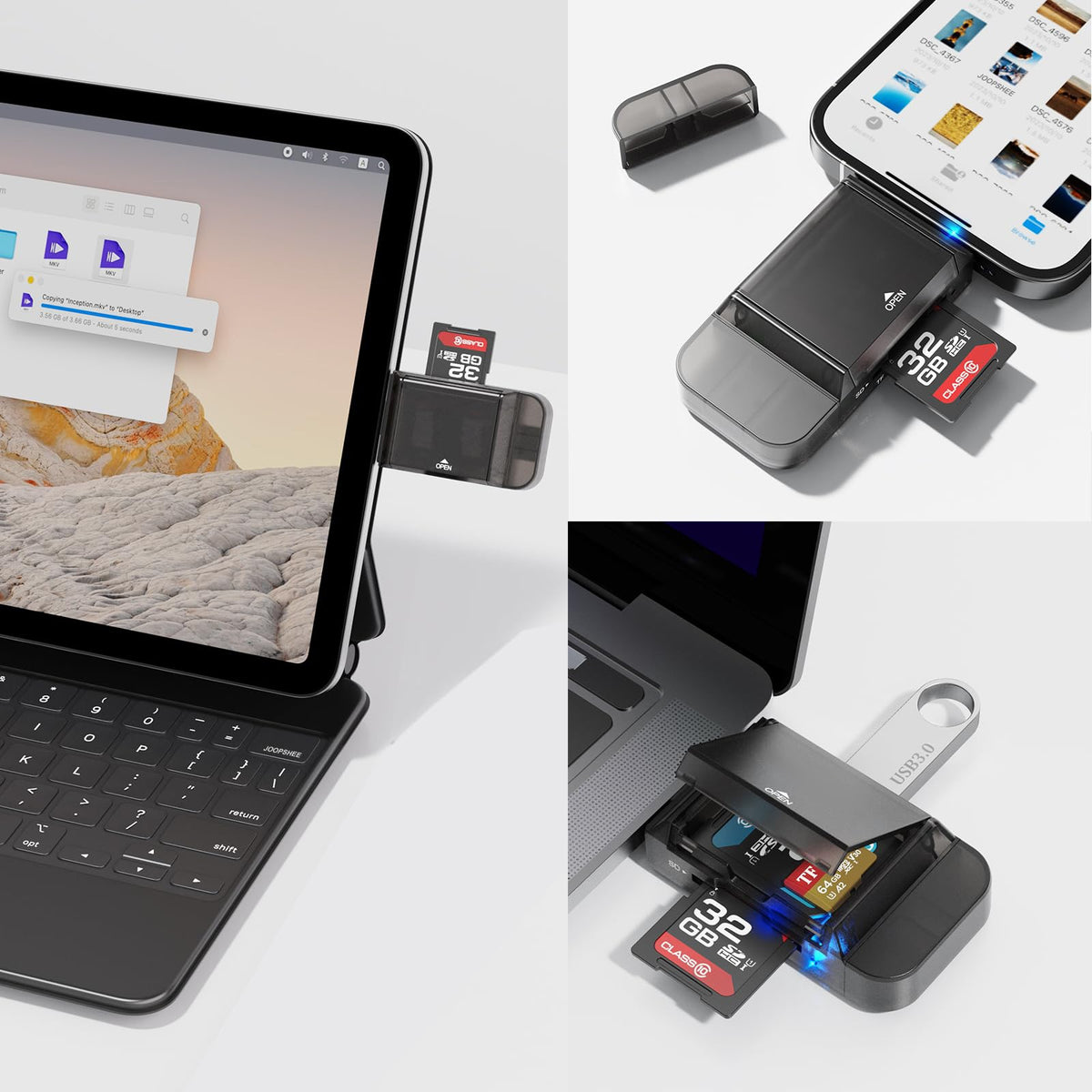 NÖRDIC USB-A, USB-C Kortlæser 2 Slot SD, Micro SD og USB-A 3.0 OTG med kortopbevaring