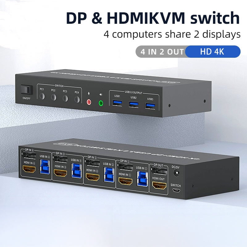 NÖRDIC KVM 4x2 Switch 4PC til Dual Monitor HDMI & DP 4K60Hz med 2x3.5mm og 3xUSB-A