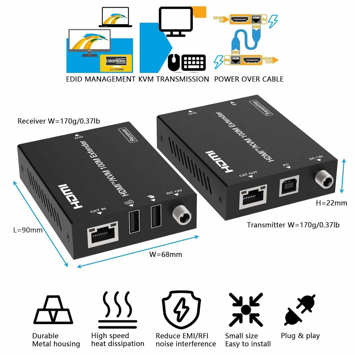 NÖRDIC KVM-forlænger HDMI 1080p60Hz 100m CAT6