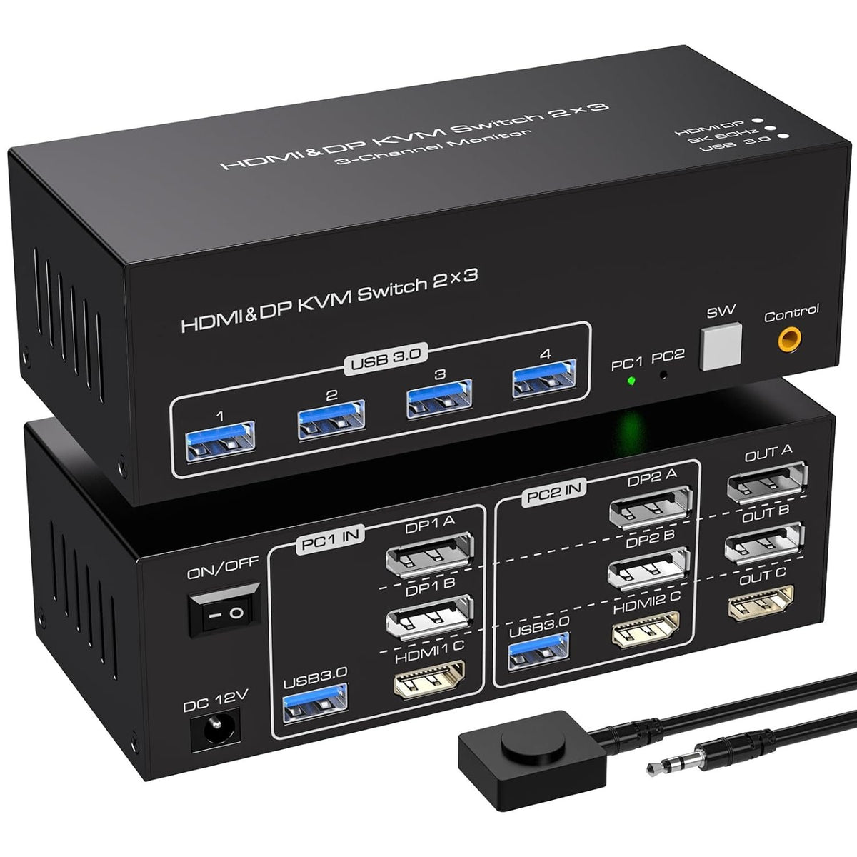NÖRDIC KVM-switch 2 PC 3 skærme 8K60Hz 4K144Hz Triple skærm 2xDP 1xHDMI 4xUSB 3.0 porte
