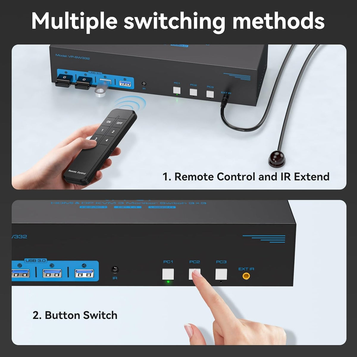 NÖRDIC KVM Switch 3 til 3, 4xUSB3.0 2xDP 1xHDMI 8K30Hz med trådløs kontrol
