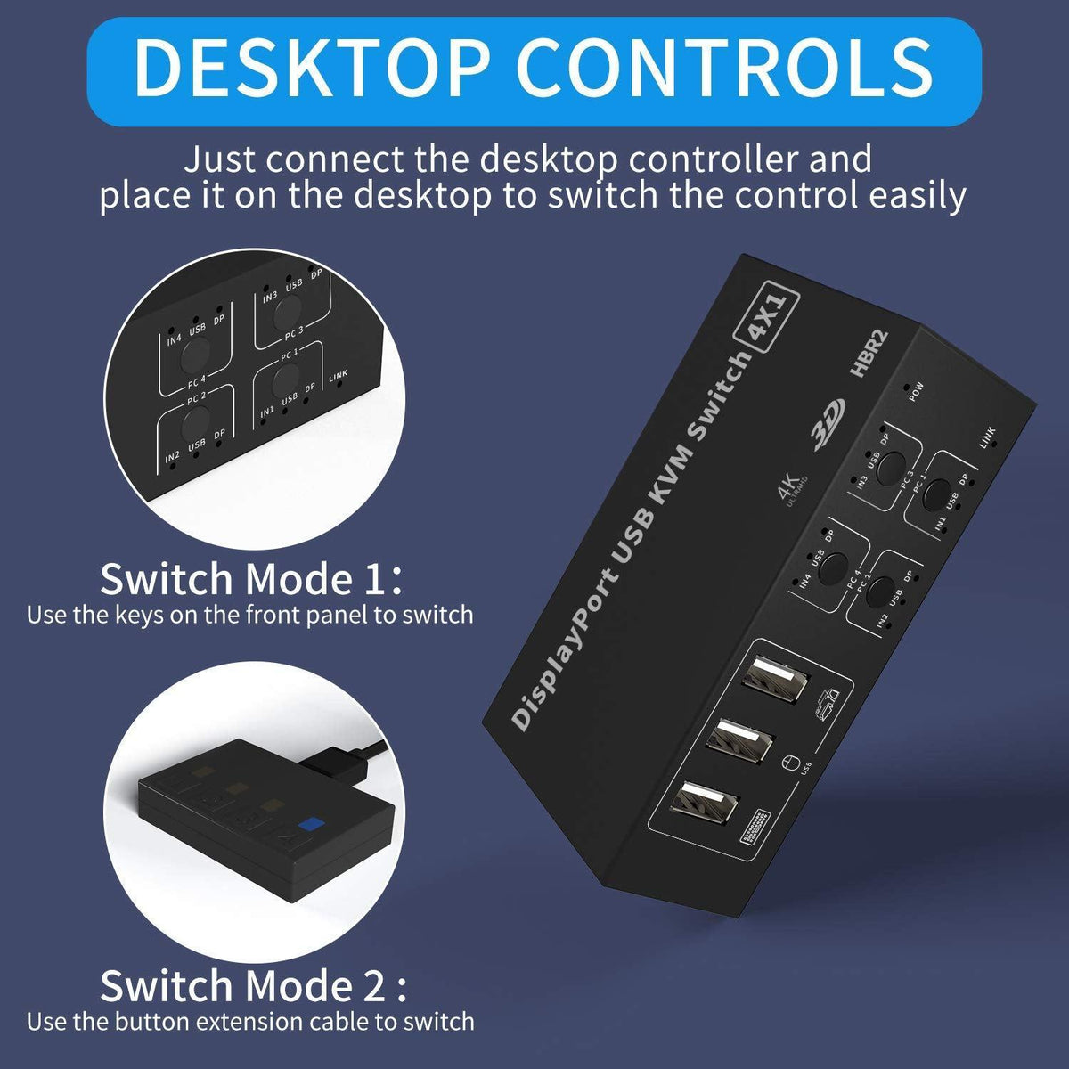 NÖRDIC KVM Switch 4 PC til 1 DisplayPort 1.2 4K 60Hz og 4x USB HDCP 2.2