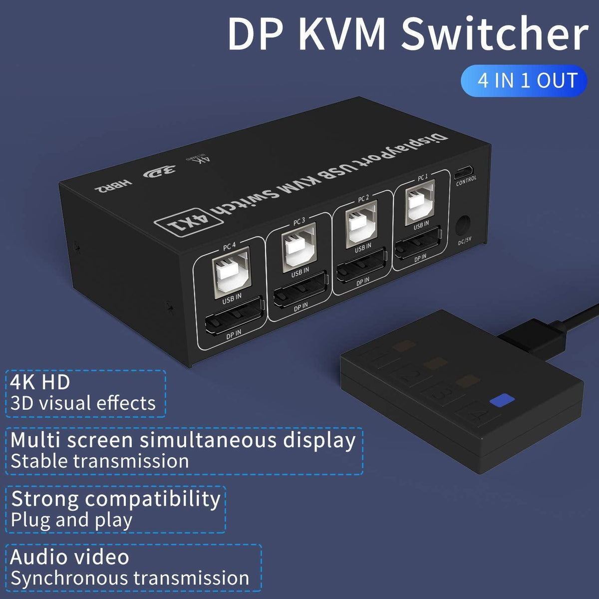 NÖRDIC KVM Switch 4 PC til 1 DisplayPort 1.2 4K 60Hz og 4x USB HDCP 2.2