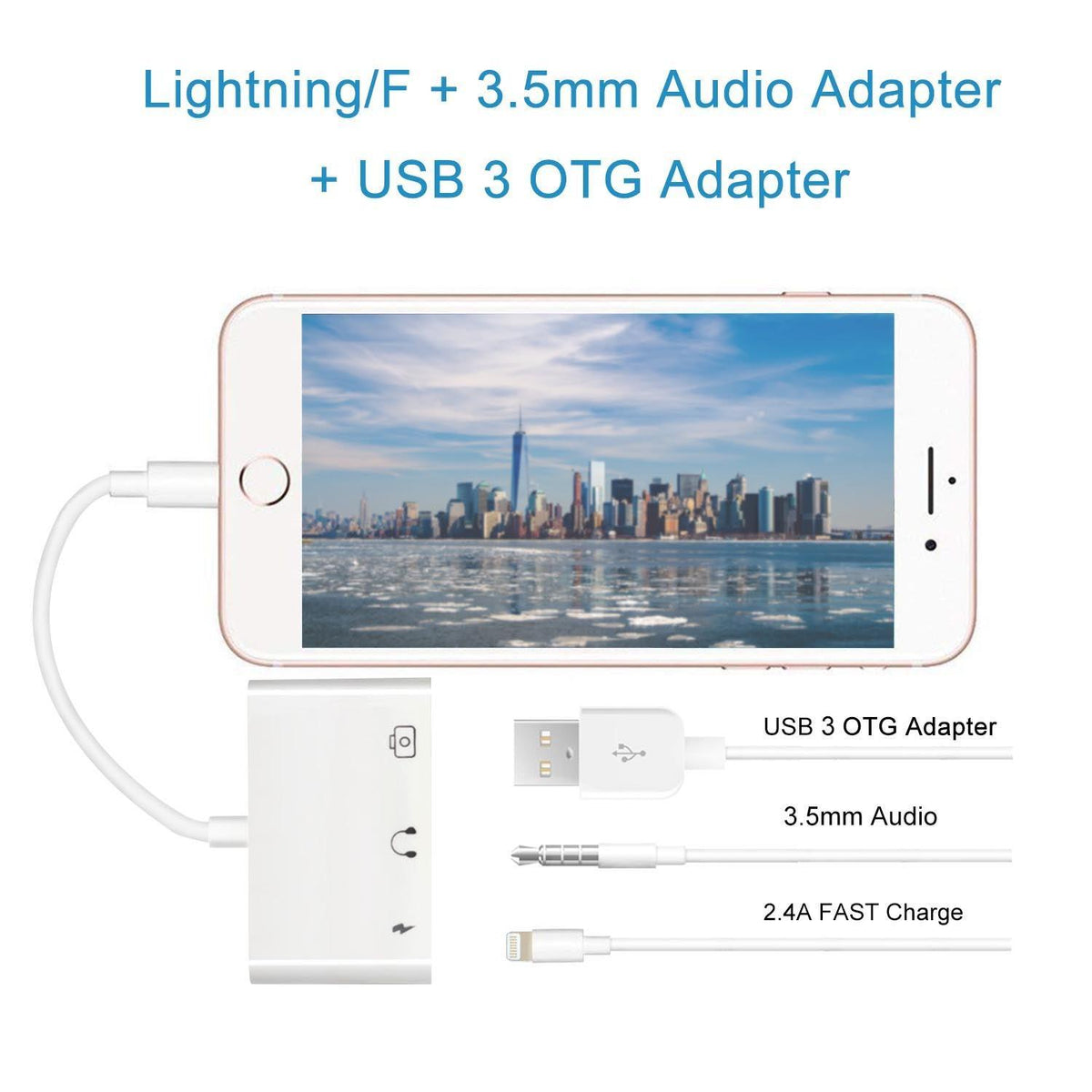 NÖRDIC Lightning adapter til 1xUSB En 1x3,5mm lyd og 1x Lightning White 10cm kabel
