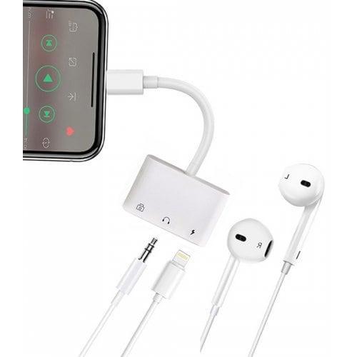 NÖRDIC Lightning adapter til 1xUSB En 1x3,5mm lyd og 1x Lightning White 10cm kabel