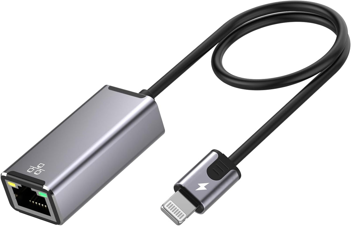 NÖRDIC Lightning til Ethernet-netværksadapter med 20W opladningsport til iPhone/iPad, RJ45 Plug & Play, understøtter 100Mbps, 50cm