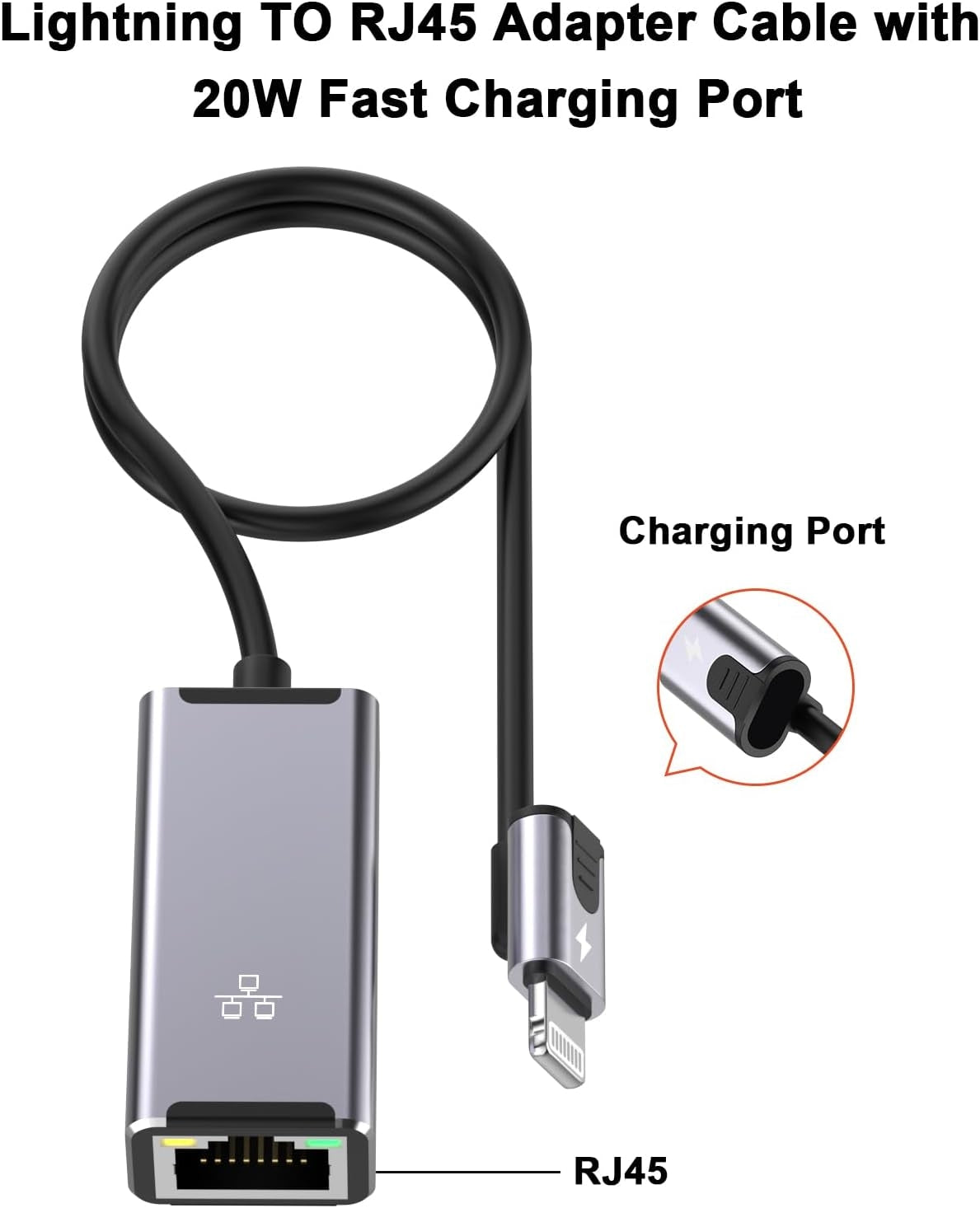 NÖRDIC Lightning til Ethernet-netværksadapter med 20W opladningsport til iPhone/iPad, RJ45 Plug & Play, understøtter 100Mbps, 50cm