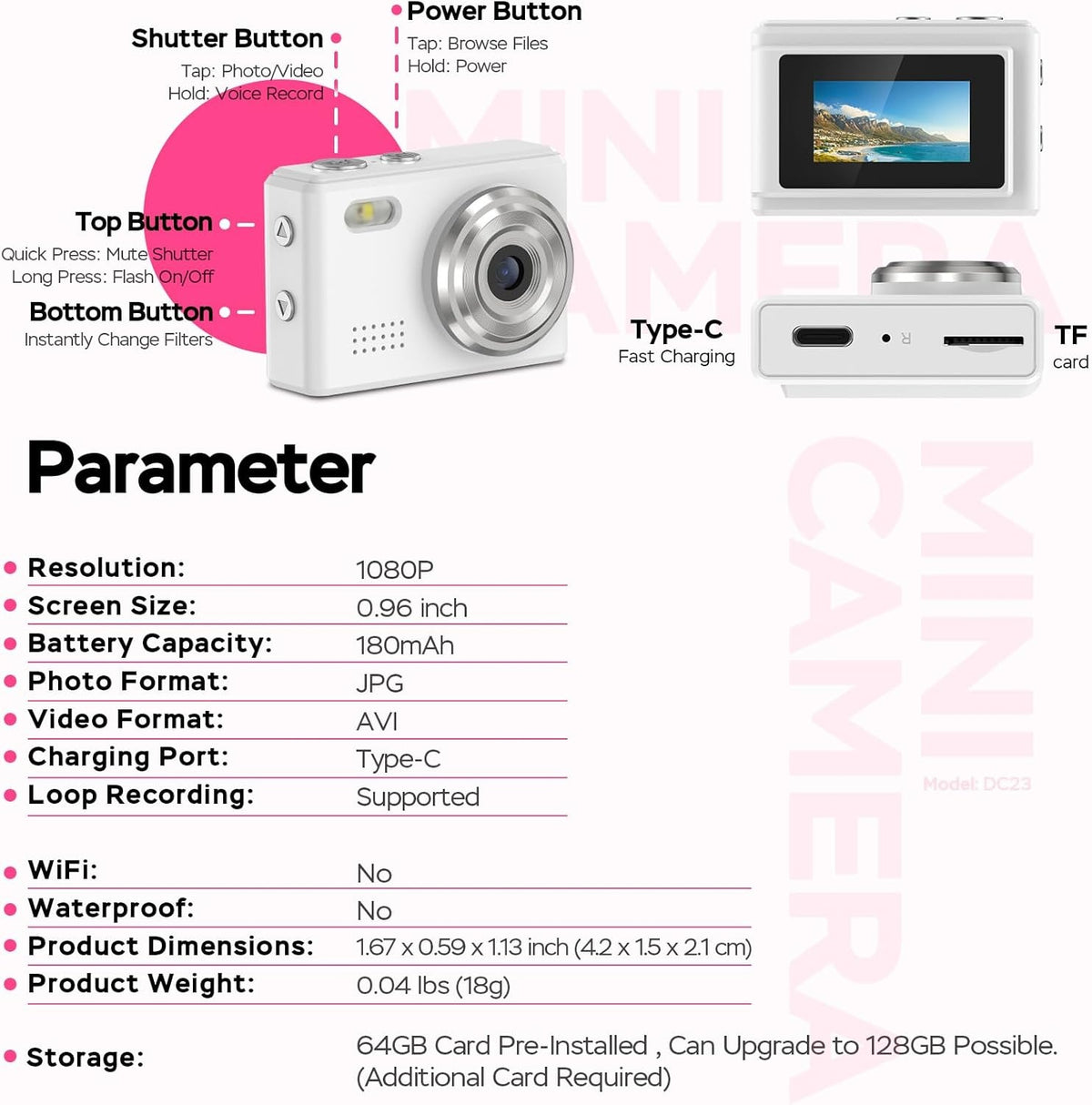 NÖRDIC mini digitalkamera med nøglering, tiny pixel HD 1080p retro 0,96" skærm