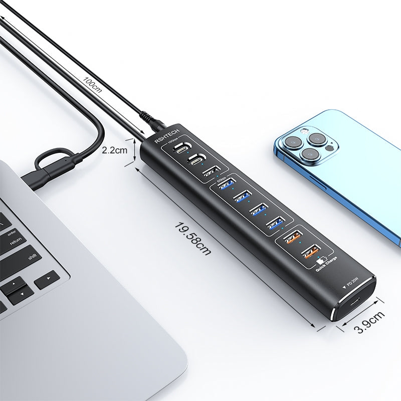 NÖRDIC Powered 10-ports USB-C & A Hub, 3x10G USB-A og USB-C USB3.2 GEN2, 4x5G USB-A USB3.2 GEN1, 1xUSB-C 20W PD, 2xUSB-A opladning med individuel switch