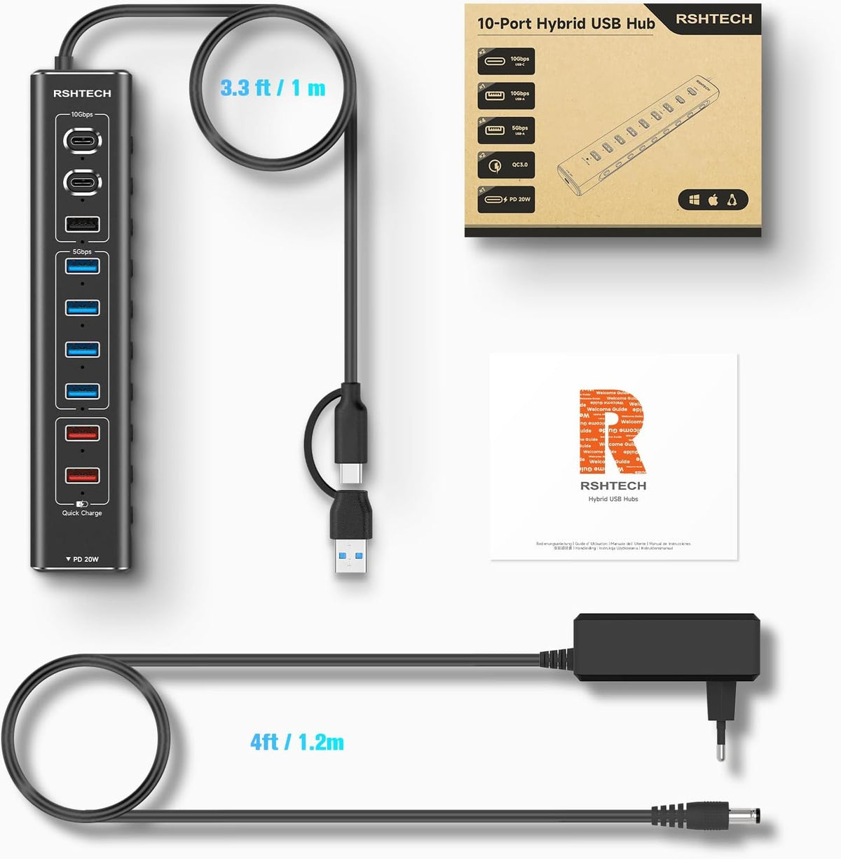 NÖRDIC Powered 10-ports USB-C & A Hub, 3x10G USB-A og USB-C USB3.2 GEN2, 4x5G USB-A USB3.2 GEN1, 1xUSB-C 20W PD, 2xUSB-A opladning med individuel switch
