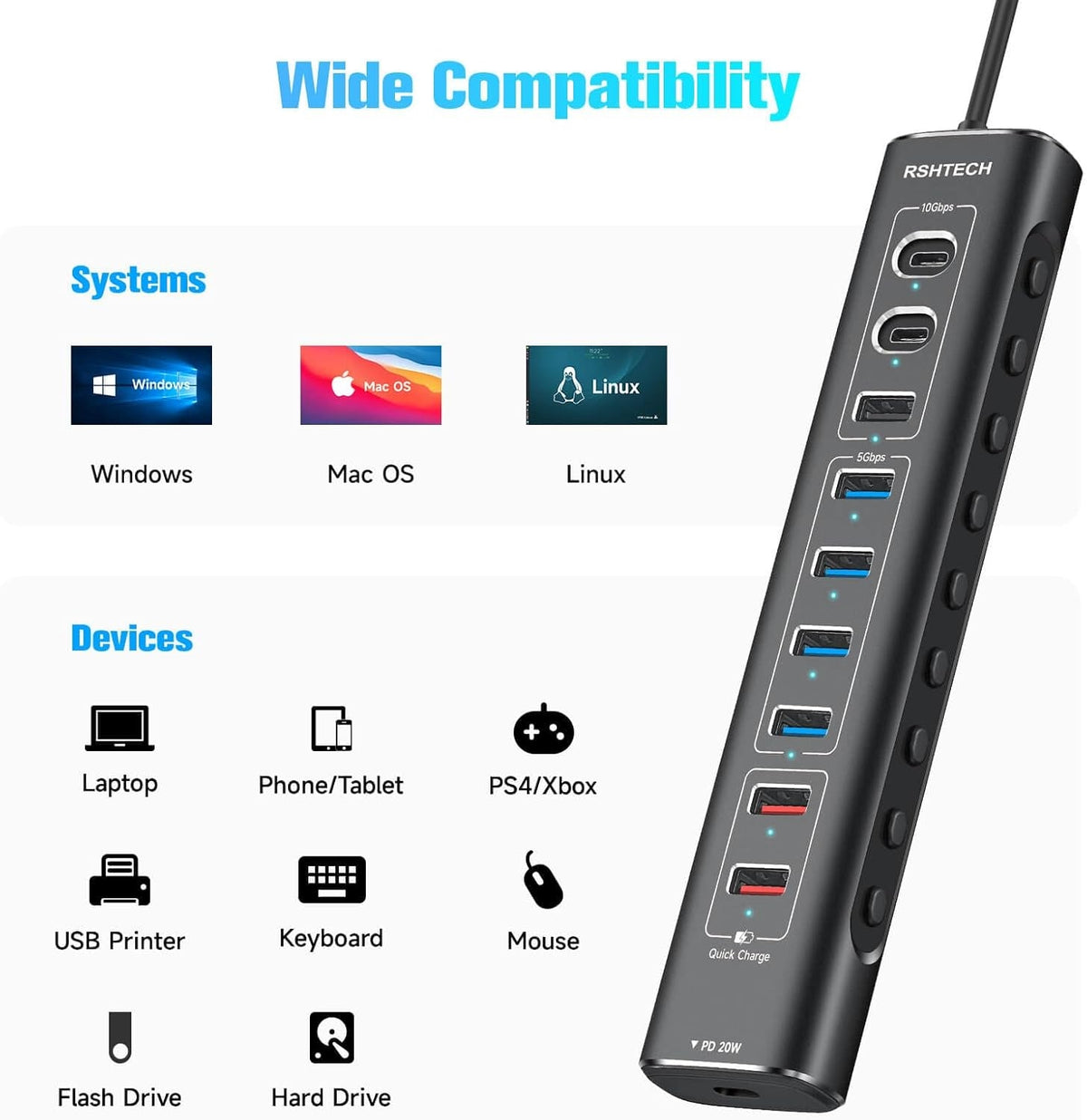 NÖRDIC Powered 10-ports USB-C & A Hub, 3x10G USB-A og USB-C USB3.2 GEN2, 4x5G USB-A USB3.2 GEN1, 1xUSB-C 20W PD, 2xUSB-A opladning med individuel switch