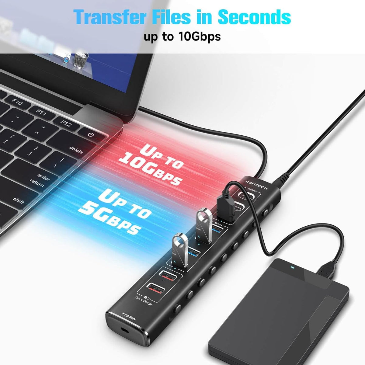 NÖRDIC Powered 10-ports USB-C & A Hub, 3x10G USB-A og USB-C USB3.2 GEN2, 4x5G USB-A USB3.2 GEN1, 1xUSB-C 20W PD, 2xUSB-A opladning med individuel switch