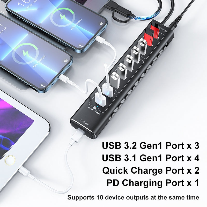 NÖRDIC Powered 10-ports USB-C & A Hub, 3x10G USB-A og USB-C USB3.2 GEN2, 4x5G USB-A USB3.2 GEN1, 1xUSB-C 20W PD, 2xUSB-A opladning med individuel switch