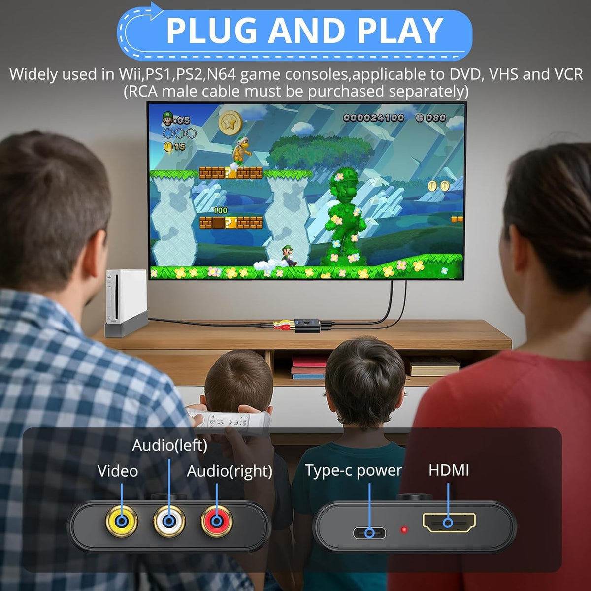 NÖRDIC RCA AV til HDMI-konverter 16:9/4:3 1080P Mini Composite CVBS Video- og Lydkonverter med understøttelse af PAL og NTSC