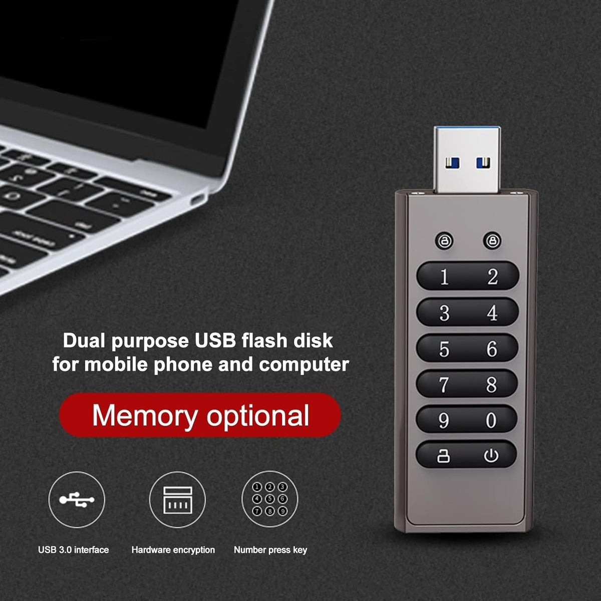 NÖRDIC Sikkert krypteret USB-drev med adgangskodebeskyttelse og lås, AES-256-bit, USB 3.0 til personlig beskyttelse, 32 GB
