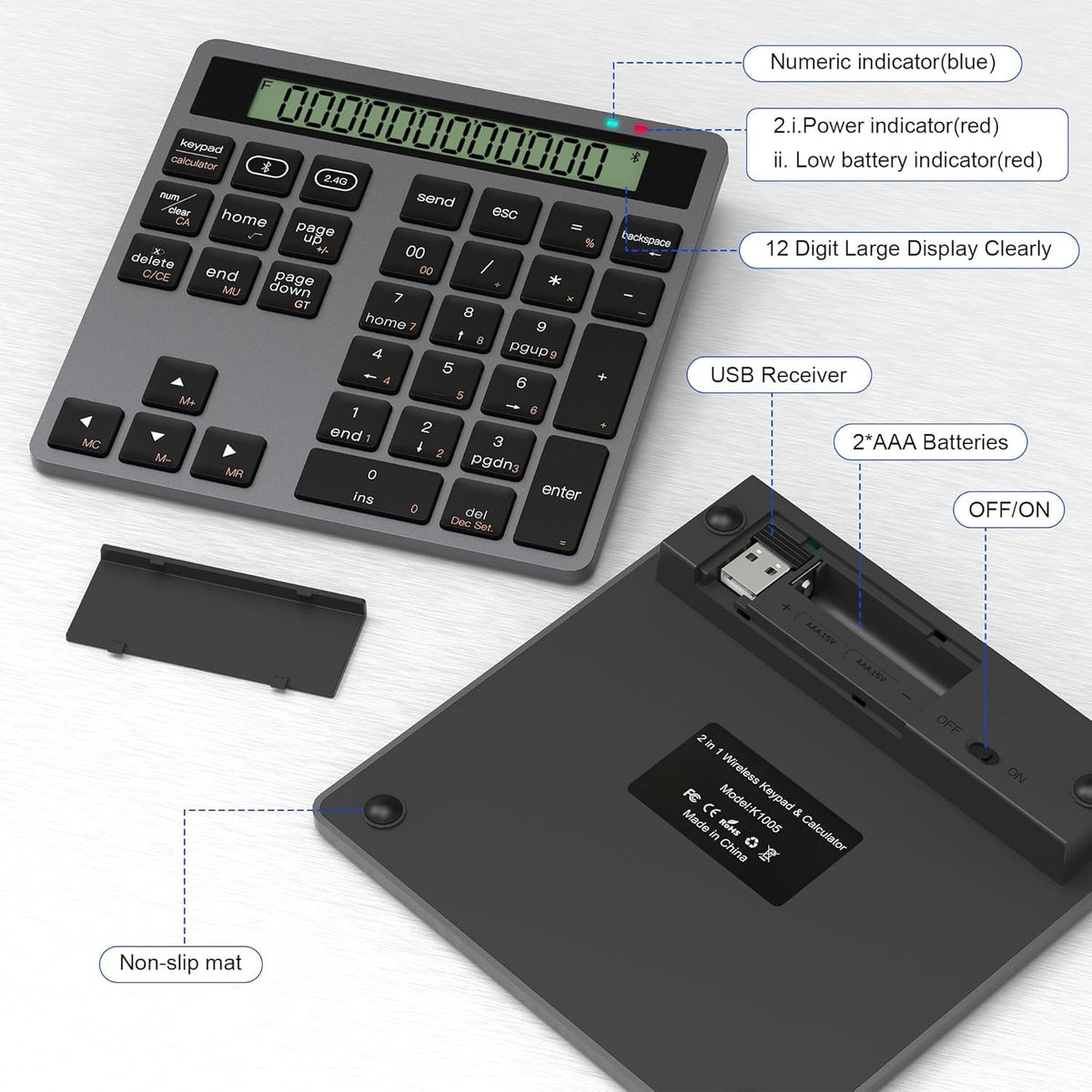 NÖRDIC Slim 34-tasters numerisk tastatur med Bluetooth og display, 2-i-1 dataindtastning + lommeregner til laptop, MacBook, Mac, Surface, PC og Chrome