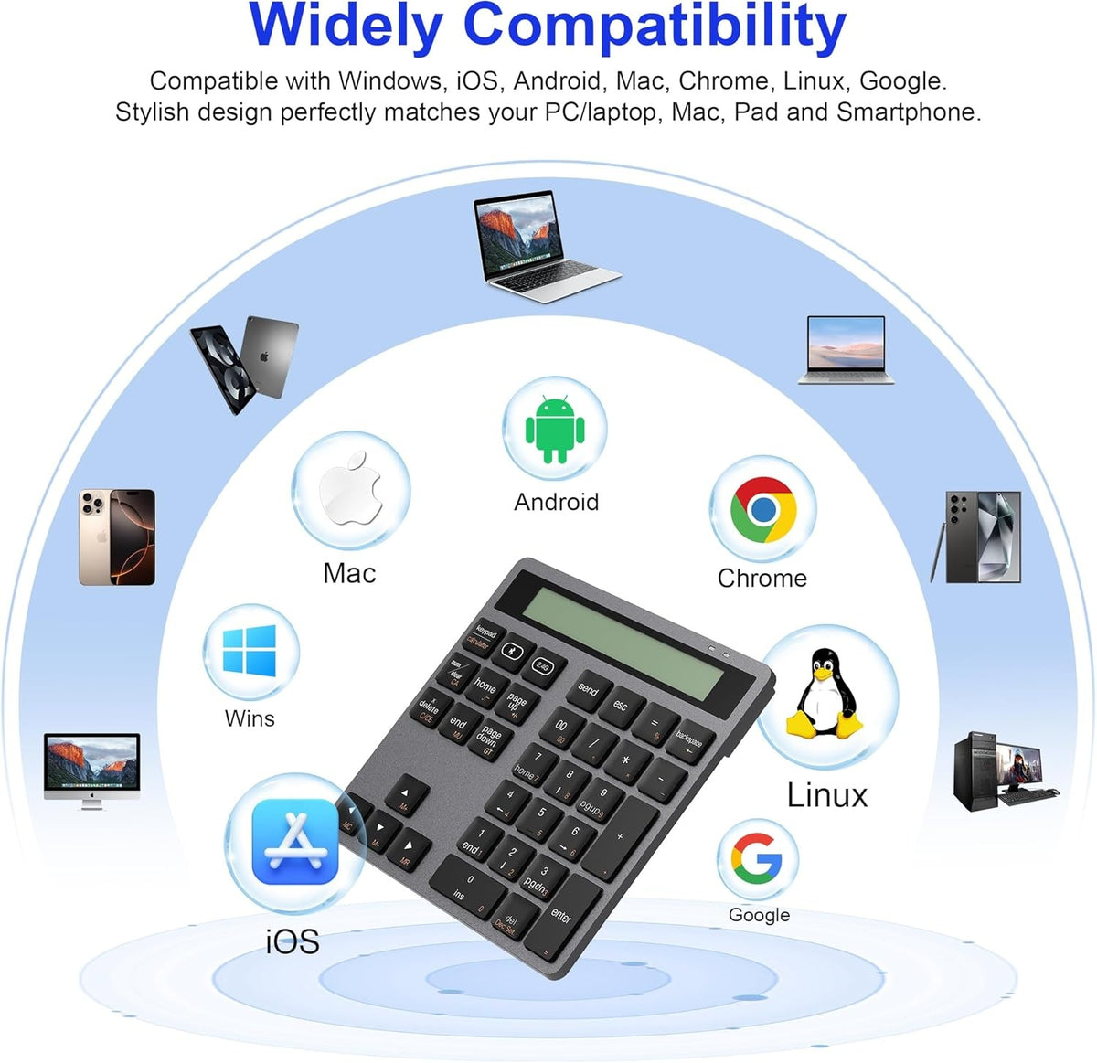 NÖRDIC Slim 34-tasters numerisk tastatur med Bluetooth og display, 2-i-1 dataindtastning + lommeregner til laptop, MacBook, Mac, Surface, PC og Chrome