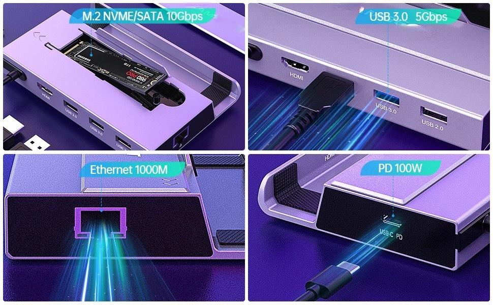 NÖRDIC Steam Deck dockingstation 1 til 7 - 1xHDMI 2.0 (4K60Hz), 1xM.2 SSD, 1xUSB-C PD 100W, 2xUSB-A 3.0, 1xUSB-A 2.0, 1xGigabit Ethernet