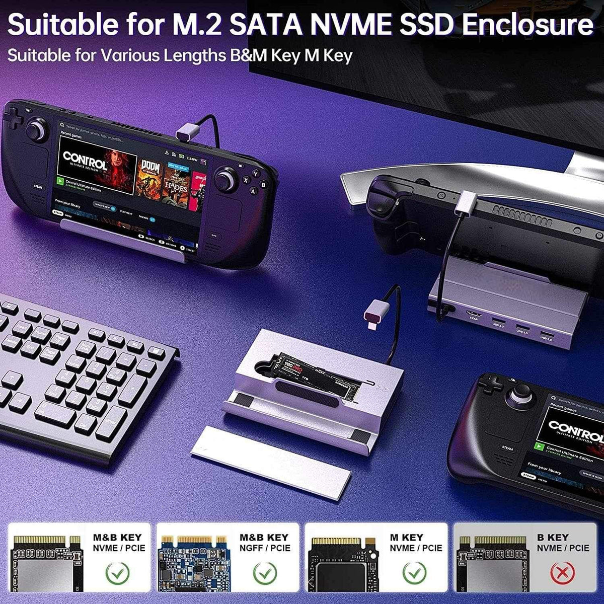 NÖRDIC Steam Deck dockingstation 1 til 7 - 1xHDMI 2.0 (4K60Hz), 1xM.2 SSD, 1xUSB-C PD 100W, 2xUSB-A 3.0, 1xUSB-A 2.0, 1xGigabit Ethernet