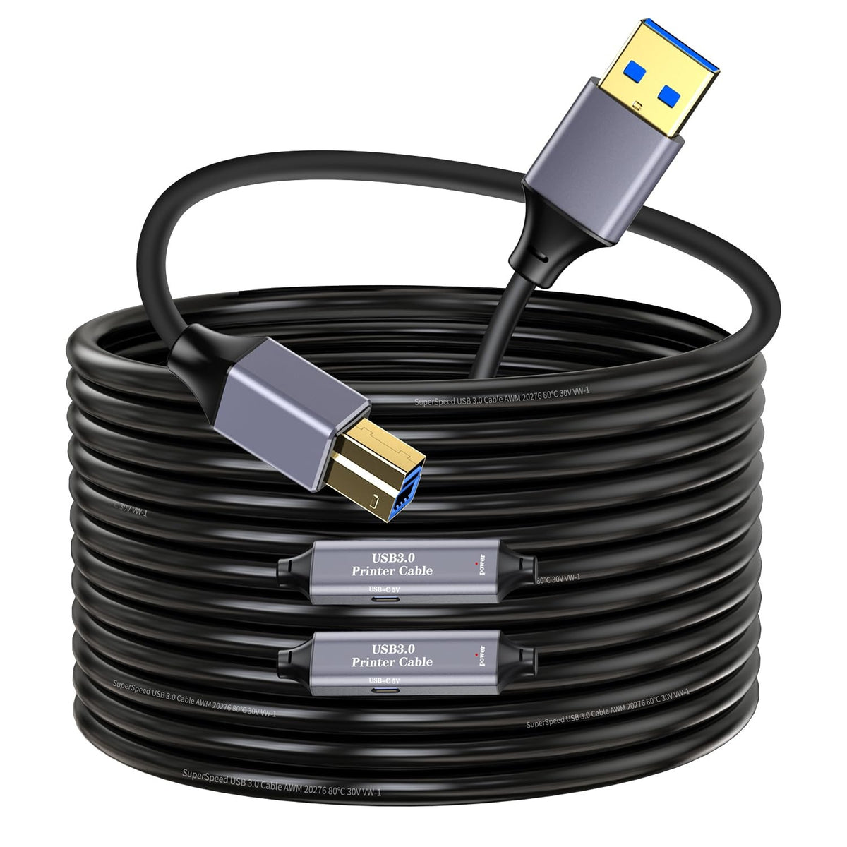 NÖRDIC USB 3.0 Aktiv Printerkabel - 10m USB A til USB B 3.0 Kompatibel med printer, konferencerkamera, dockingstation, harddisk og mere