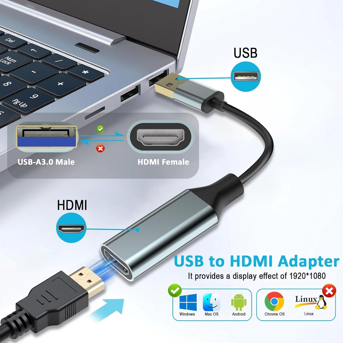 NÖRDIC USB3.0 til HDMI-konverter 1080P 60Hz
