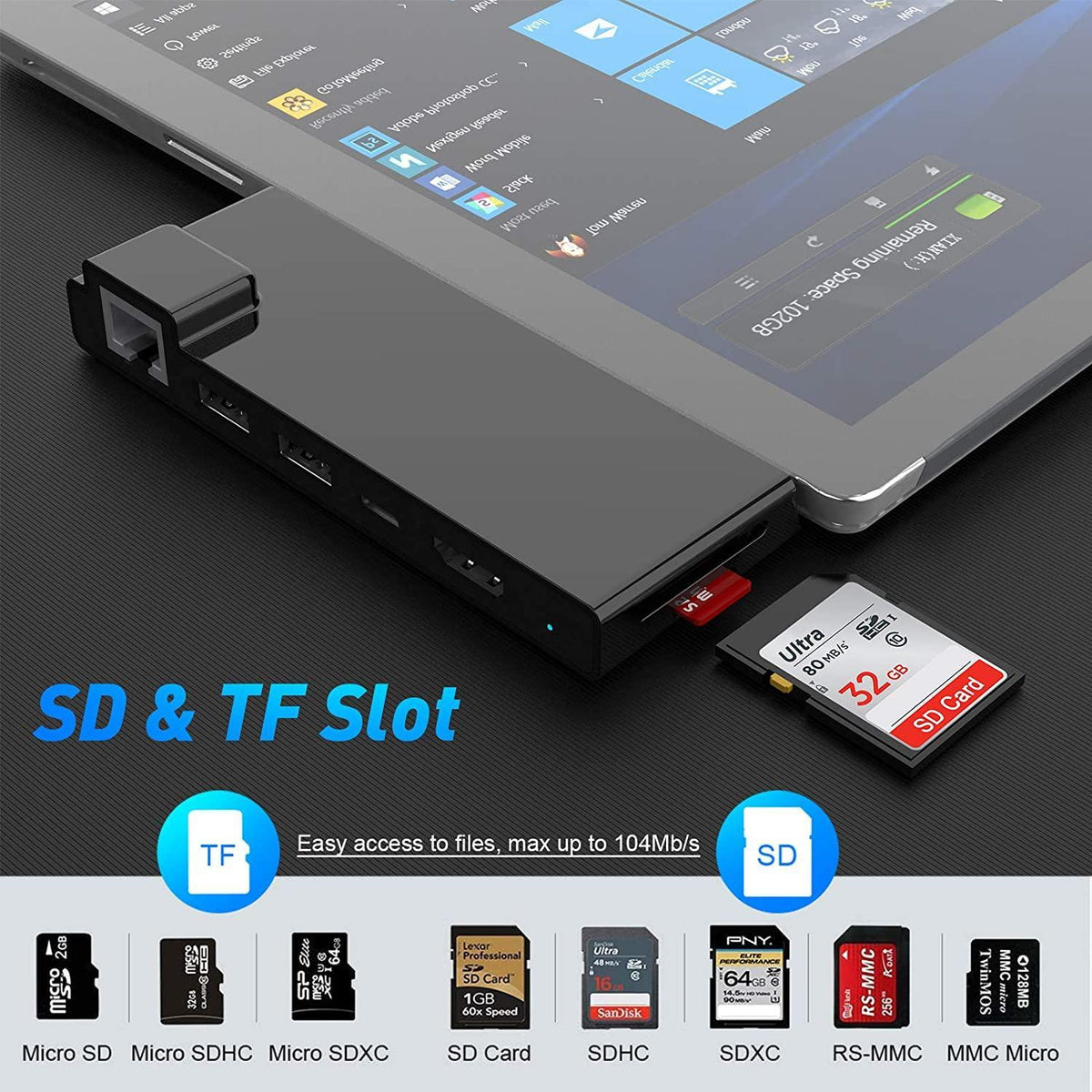 NÖRDIC USB 7-ports dockingstation til MicroSoft Surface Pro7 1xHDMI4k30Hz 2xUSB-A 5Gbps 1xUSB-C PD87W 1xRJ45 LAN og 1xTF og 1xSD