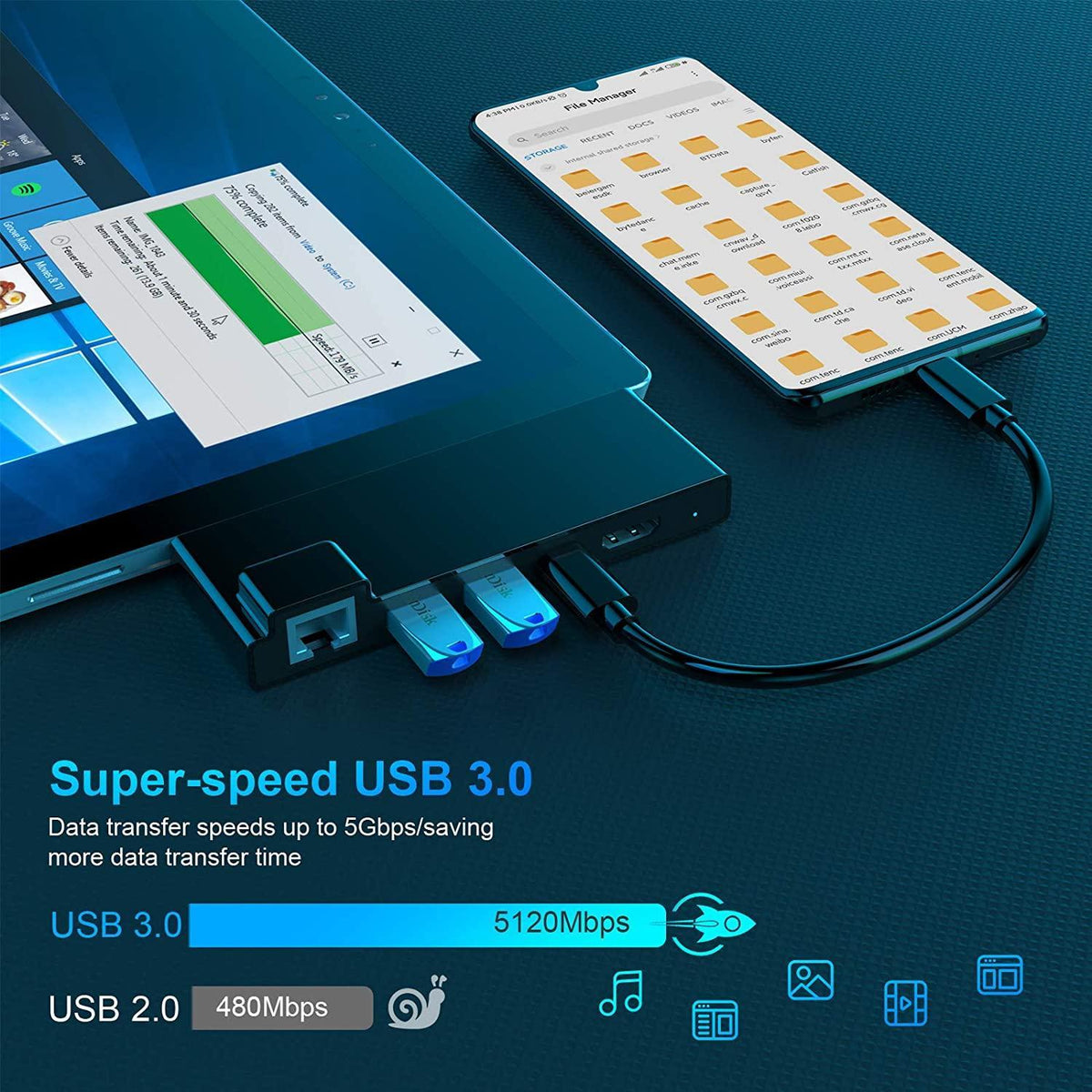 NÖRDIC USB 7-ports dockingstation til MicroSoft Surface Pro7 1xHDMI4k30Hz 2xUSB-A 5Gbps 1xUSB-C PD87W 1xRJ45 LAN og 1xTF og 1xSD