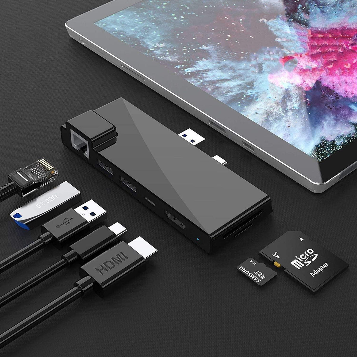 NÖRDIC USB 7-ports dockingstation til MicroSoft Surface Pro7 1xHDMI4k30Hz 2xUSB-A 5Gbps 1xUSB-C PD87W 1xRJ45 LAN og 1xTF og 1xSD