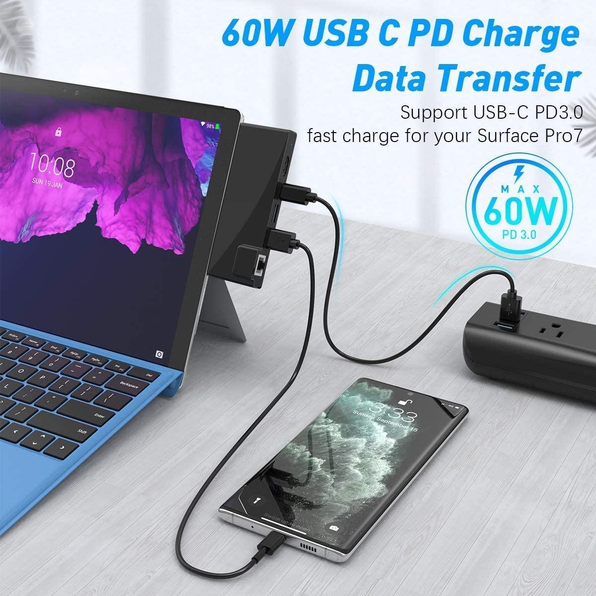 NÖRDIC USB 7-ports dockingstation til MicroSoft Surface Pro7 1xHDMI4k30Hz 2xUSB-A 5Gbps 1xUSB-C PD87W 1xRJ45 LAN og 1xTF og 1xSD