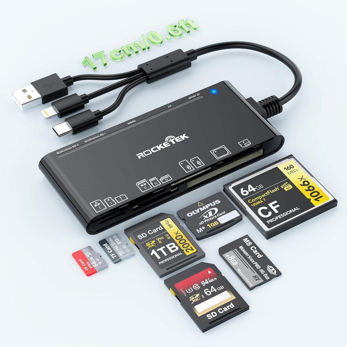 NÖRDIC USB-A, USB-C, Lightning USB3.0 Multi-kortlæser 7 Slot 1xCF, 2xSD, 2xMicroSD, 1xMS, 1xXD UHS-I
