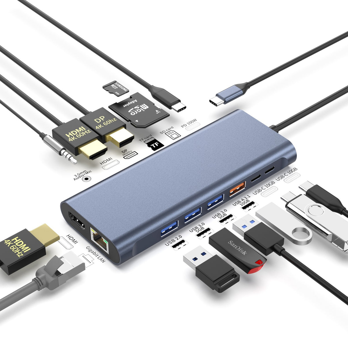 NÖRDIC USB-C 1 til 14 Dockingstation Trippleskærme, 2xHDMI, 1xDP, 1xUSB-C PD 100W, 2xUSB-C, 4xUSB-A, med Ethernet