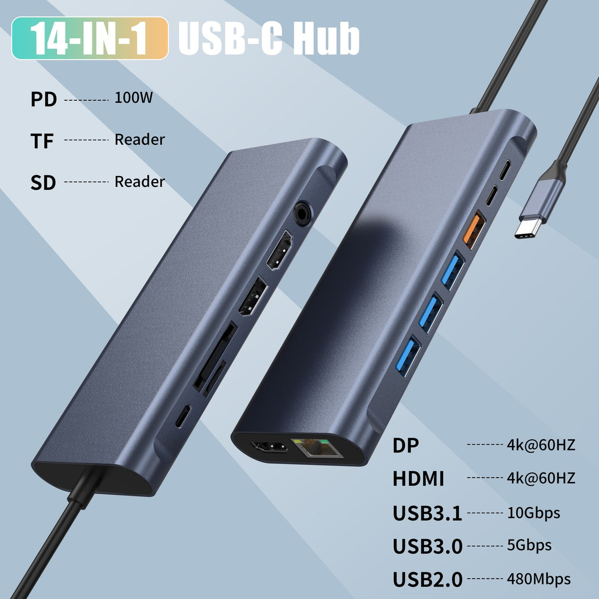 NÖRDIC USB-C 1 til 14 Dockingstation Trippleskærme, 2xHDMI, 1xDP, 1xUSB-C PD 100W, 2xUSB-C, 4xUSB-A, med Ethernet