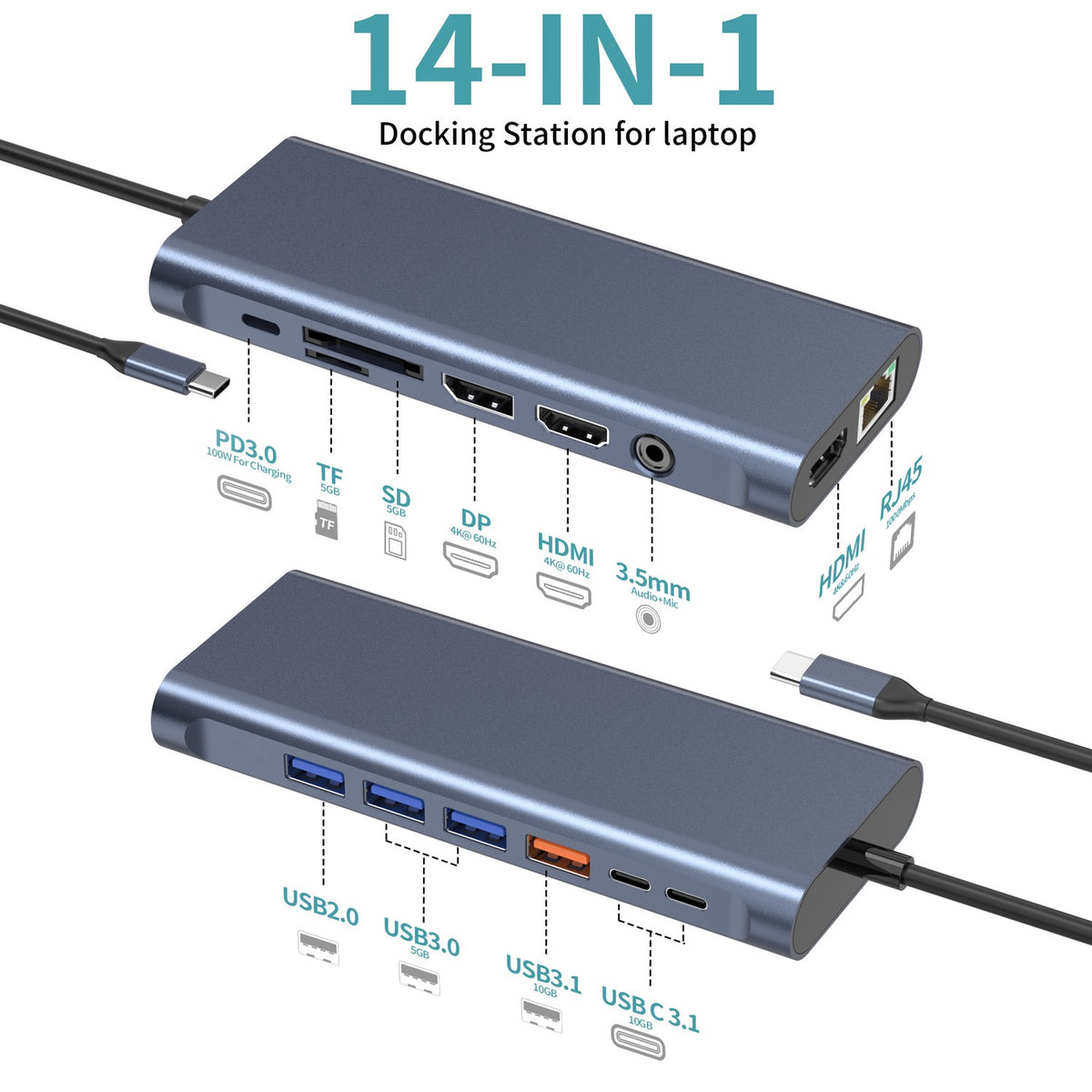 NÖRDIC USB-C 1 til 14 Dockingstation Trippleskærme, 2xHDMI, 1xDP, 1xUSB-C PD 100W, 2xUSB-C, 4xUSB-A, med Ethernet