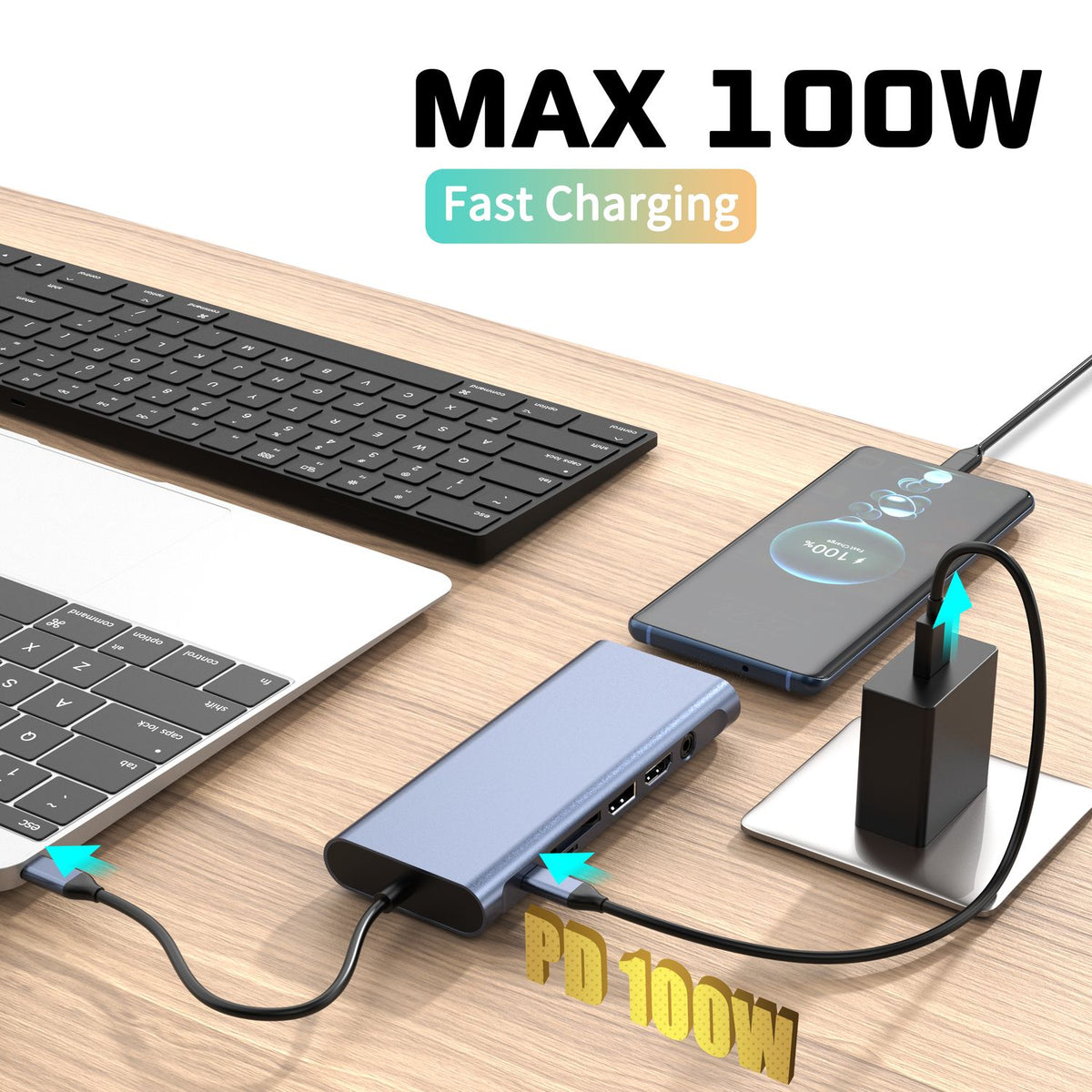 NÖRDIC USB-C 1 til 14 Dockingstation Trippleskærme, 2xHDMI, 1xDP, 1xUSB-C PD 100W, 2xUSB-C, 4xUSB-A, med Ethernet