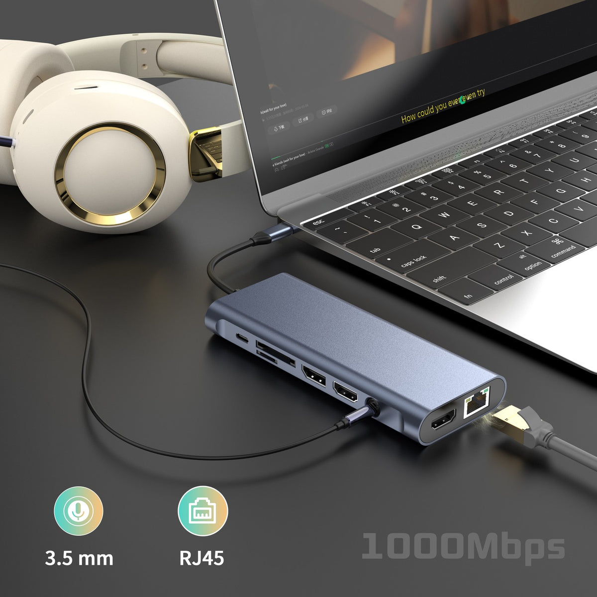 NÖRDIC USB-C 1 til 14 Dockingstation Trippleskærme, 2xHDMI, 1xDP, 1xUSB-C PD 100W, 2xUSB-C, 4xUSB-A, med Ethernet