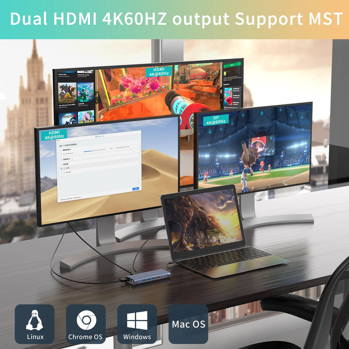 NÖRDIC USB-C 1 til 14 Dockingstation Trippleskærme, 2xHDMI, 1xDP, 1xUSB-C PD 100W, 2xUSB-C, 4xUSB-A, med Ethernet