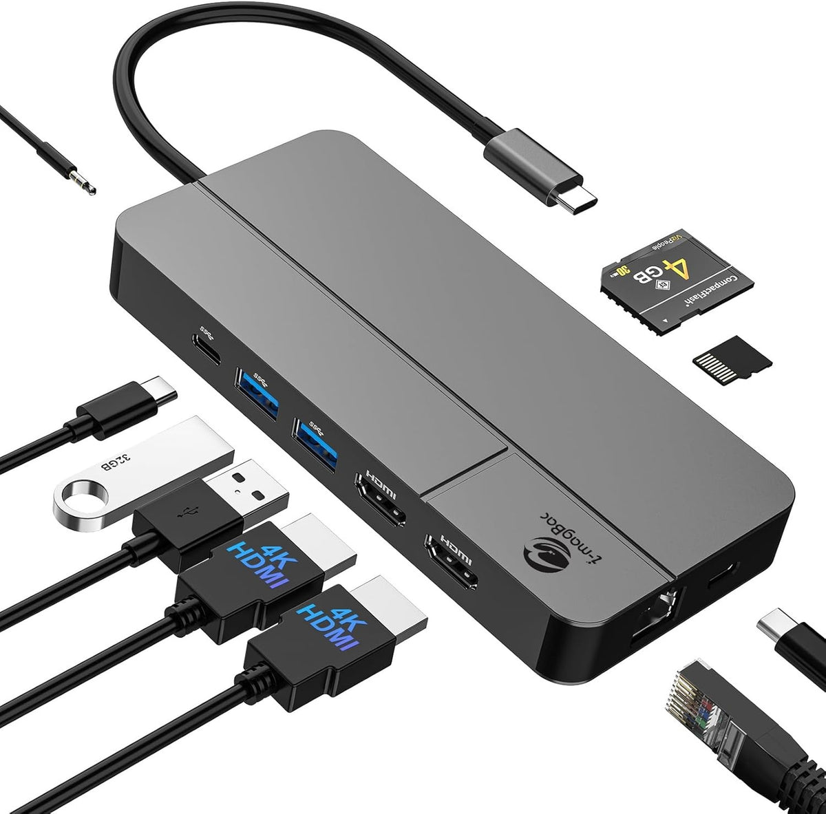 NÖRDIC USB-C Dockingstation 1 til 10 med 2xHDMI 1x4K60Hz/1x4K30Hz 1xPD100W 1xRJ45 GigaLan 1xSD/MicroSD 2xUSB-A 1xUSB-C 1xAudio understøtter MacBook M1, M2, M3, og M4