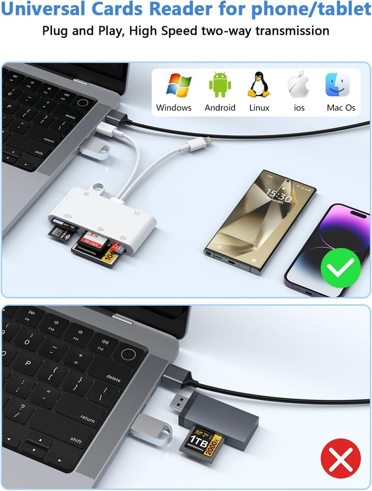 NÖRDIC USB-C/Lightning Kortlæser 5 Slots CF, SD, MicroSD, MS, XD 1xUSB-A 1xUSB-C UHS-I